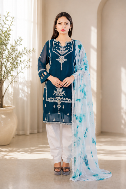 Petrol Teal Embroidered Suit with Tie-Dye Dupatta