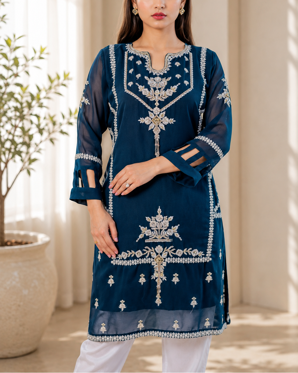 Petrol Teal Embroidered Suit with Tie-Dye Dupatta