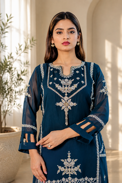 Petrol Teal Embroidered Suit with Tie-Dye Dupatta