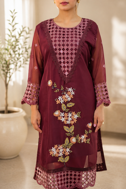 Plum Lattice Cutwork Suit with Floral Vine Embroidery