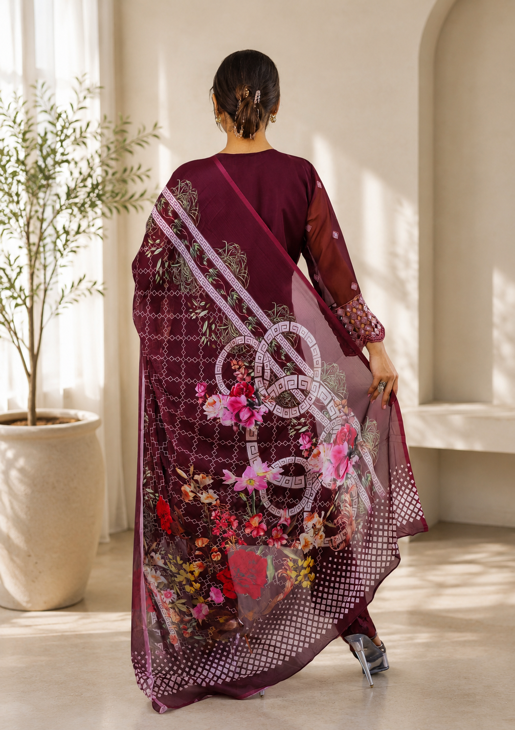 Plum Lattice Cutwork Suit with Floral Vine Embroidery