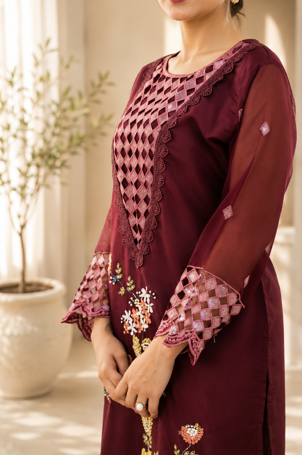 Plum Lattice Cutwork Suit with Floral Vine Embroidery
