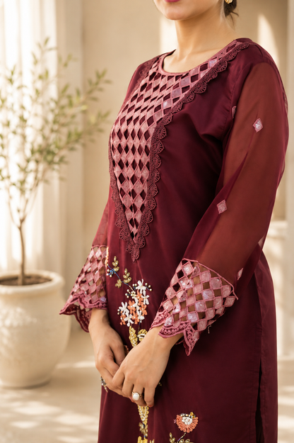 Plum Lattice Cutwork Suit with Floral Vine Embroidery