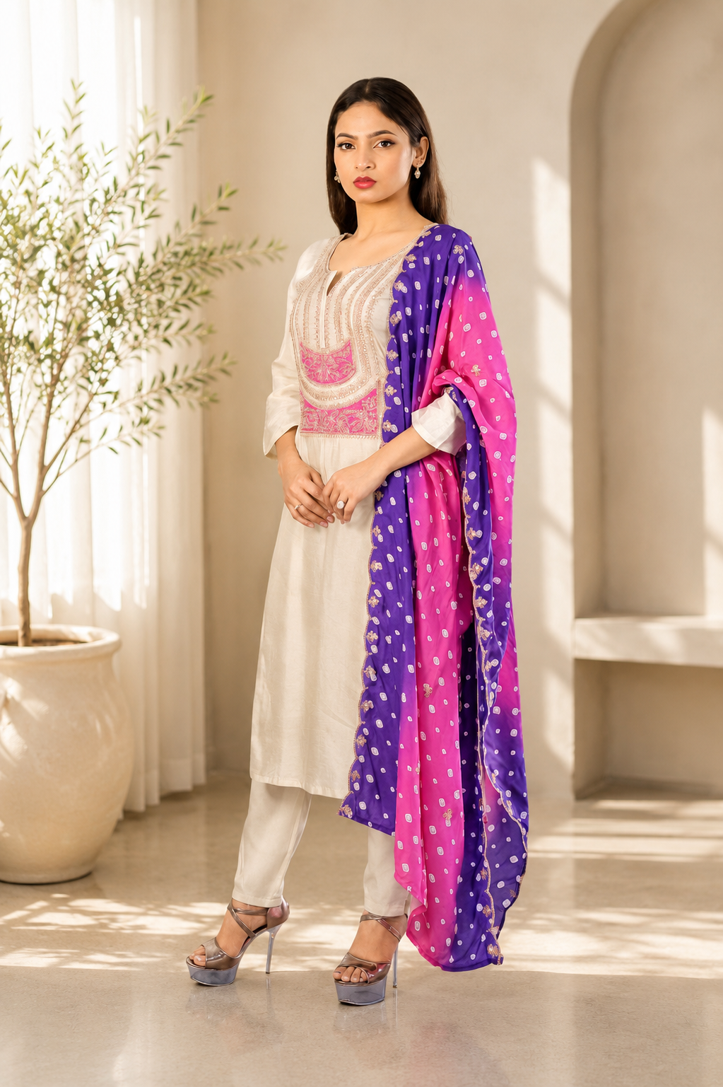 Cream Kurta with Bandhani Ombre Dupatta