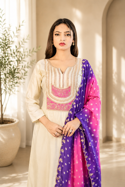 Cream Kurta with Bandhani Ombre Dupatta
