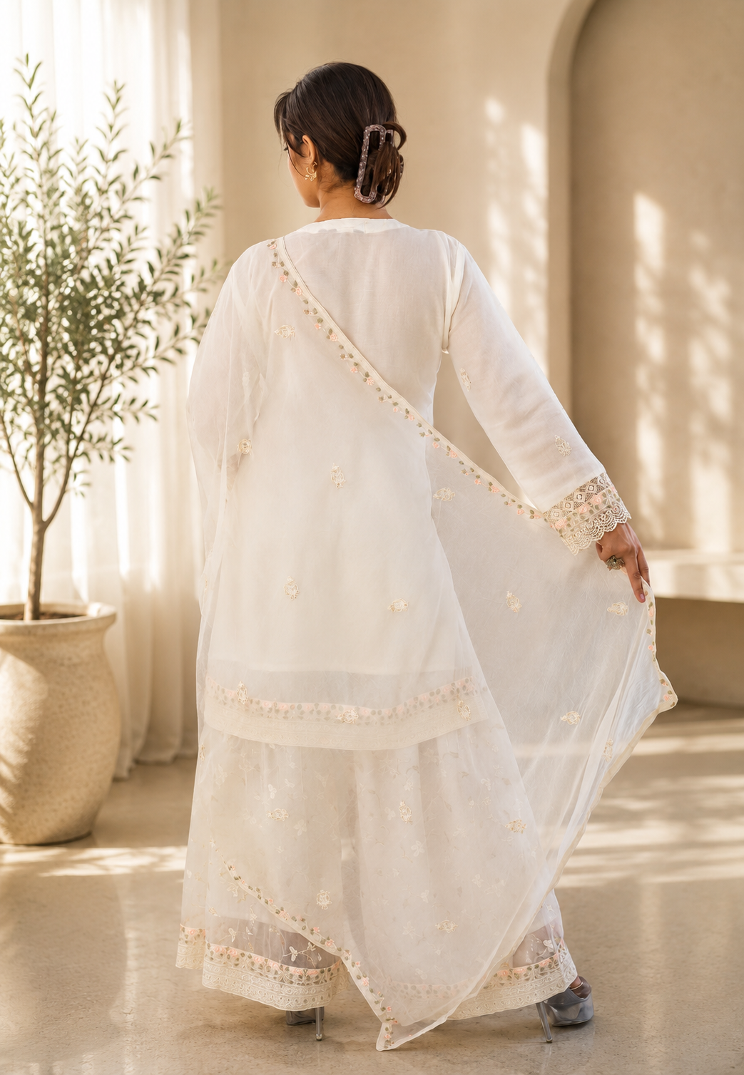 Noor-e-Mehfil - White Floral Embroidered Sharara Suit