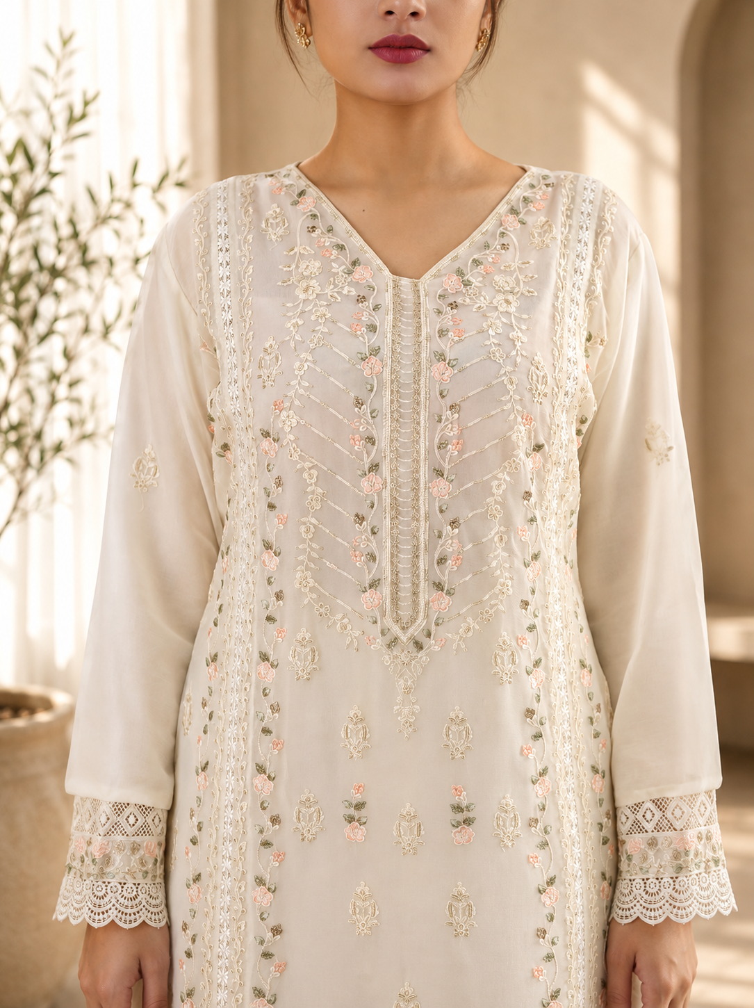 Noor-e-Mehfil - White Floral Embroidered Sharara Suit