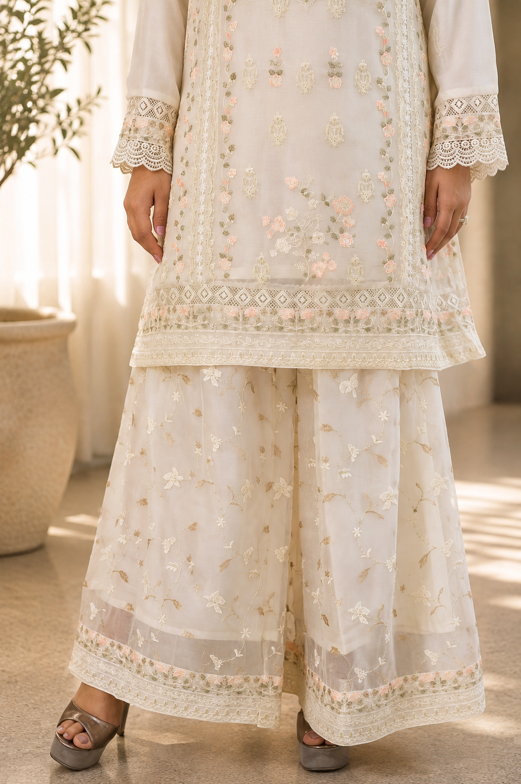 Noor-e-Mehfil - White Floral Embroidered Sharara Suit