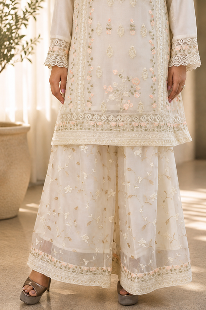 Noor-e-Mehfil - White Floral Embroidered Sharara Suit