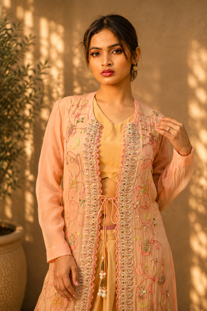 Meher-e-Noor - Embroidered Jacket with Drape Skirt Set