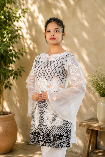Ivory Lattice Embroidered Tunic Set