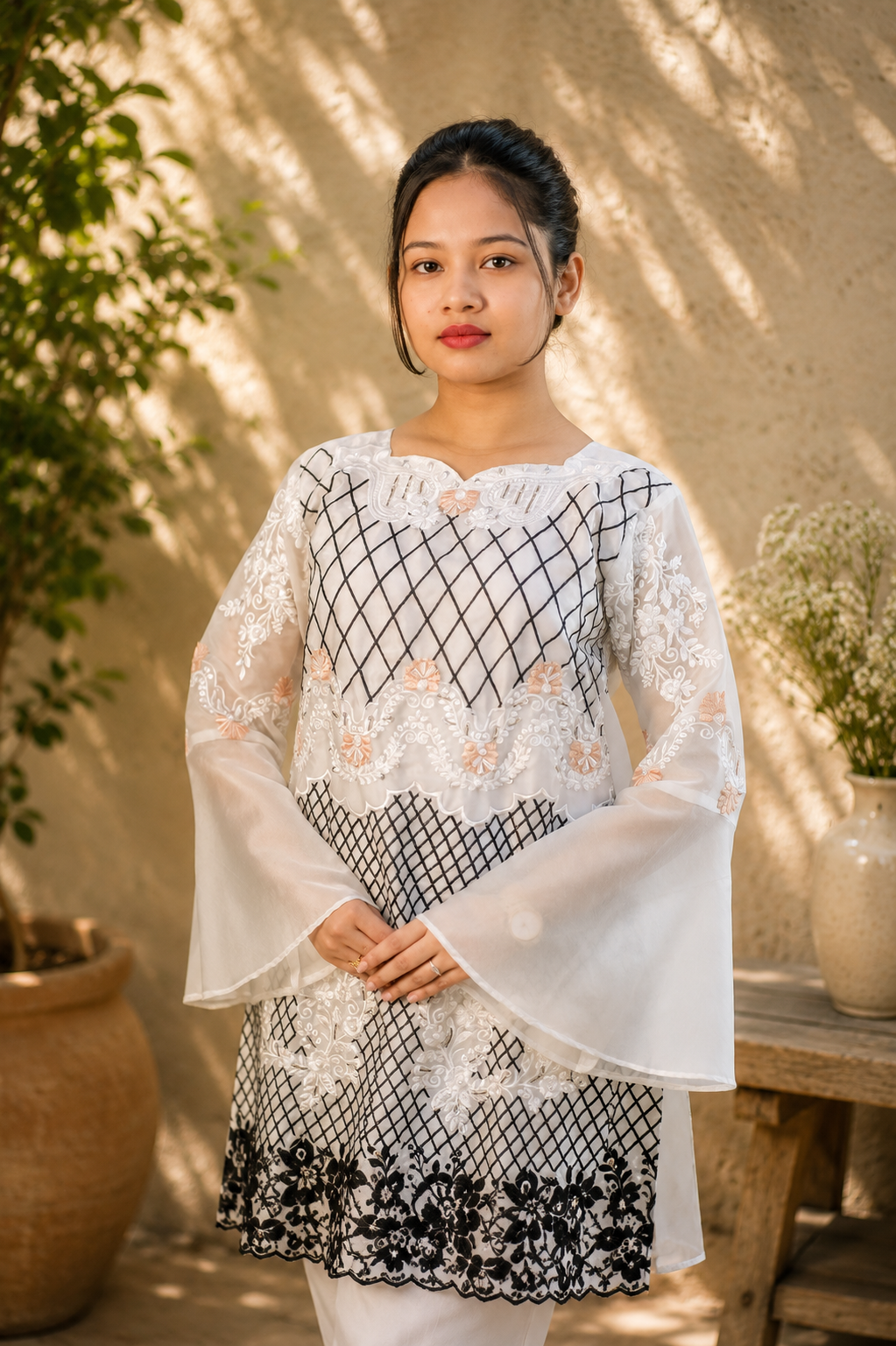 Ivory Lattice Embroidered Tunic Set