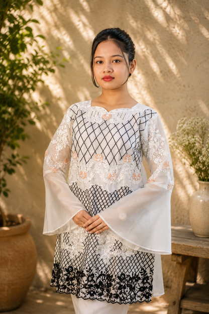 Ivory Lattice Embroidered Tunic Set