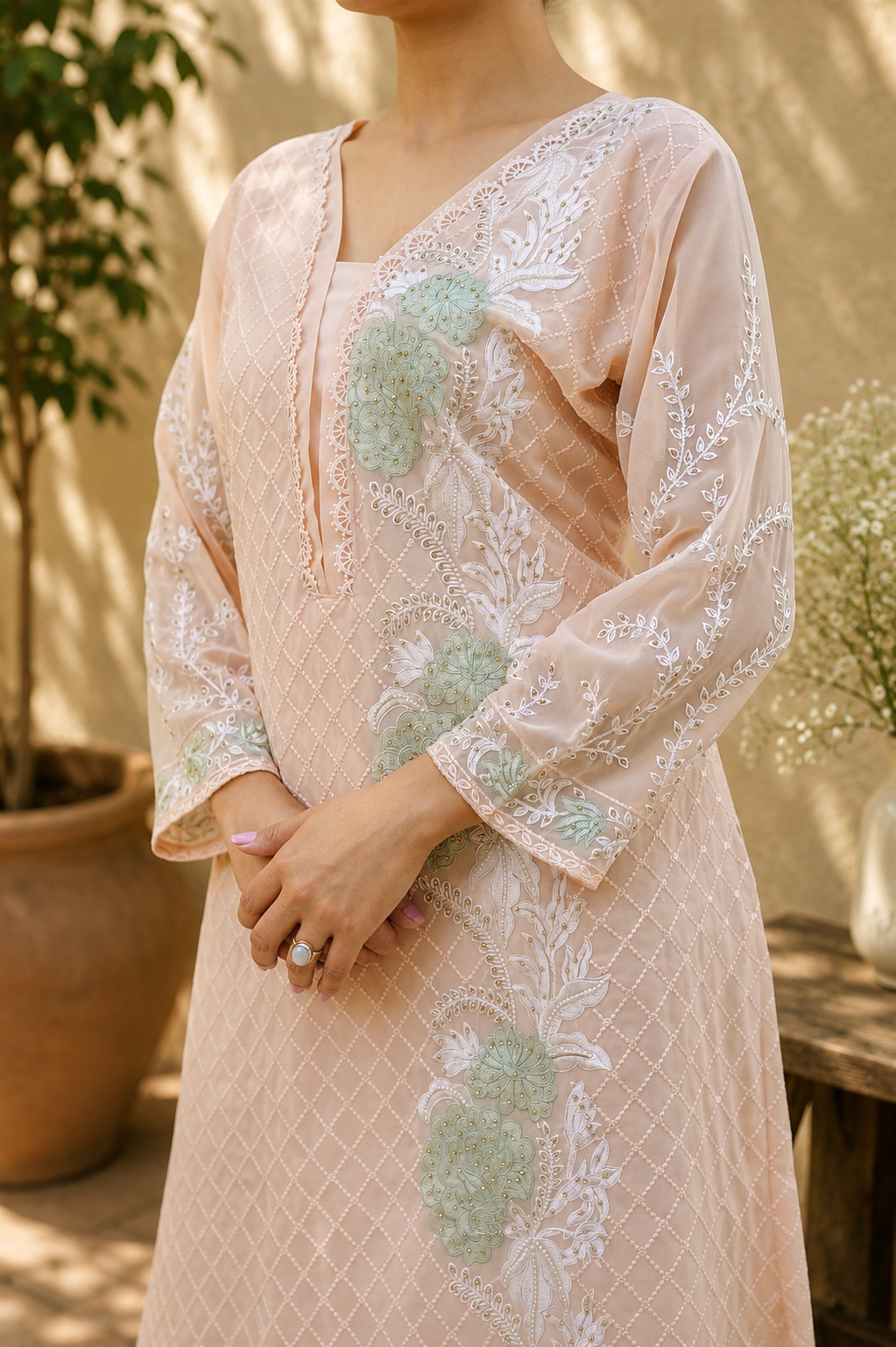Blush Pearl Lattice Suit with Mint Lace Accent