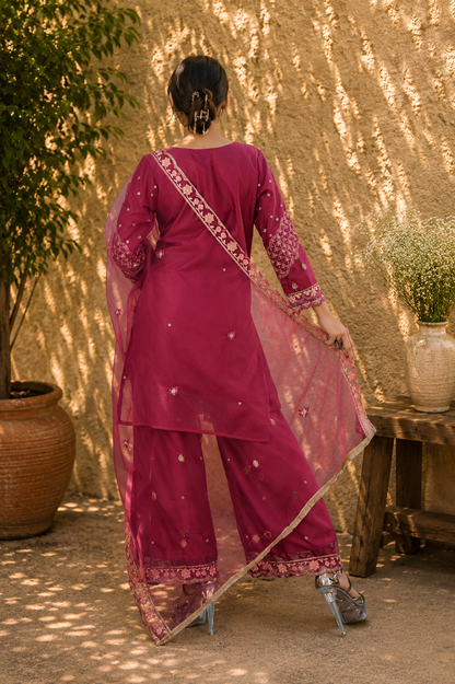 Floral Embroidered Suit with Net Dupatta