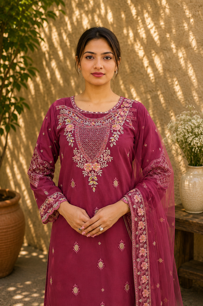 Floral Embroidered Suit with Net Dupatta