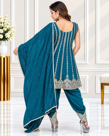 Mehra-E-Noor - Teal Blue Dhoti Salwar with Gota Pati Kameez Suit