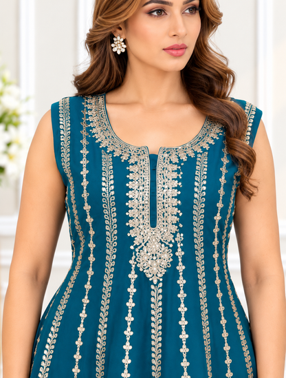 Mehra-E-Noor - Teal Blue Dhoti Salwar with Gota Pati Kameez Suit