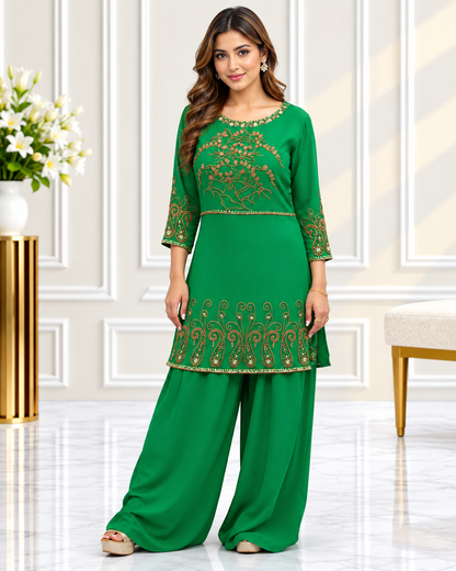 Noor-e-Mehfil - Embroidered Green Kurta Palazzo Set