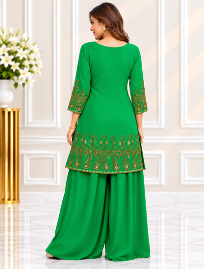 Noor-e-Mehfil - Embroidered Green Kurta Palazzo Set