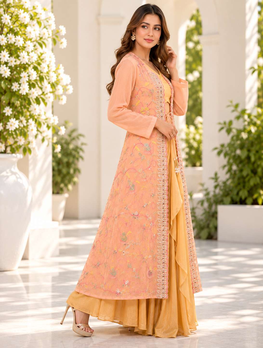 Meher-e-Noor - Embroidered Jacket with Drape Skirt Set
