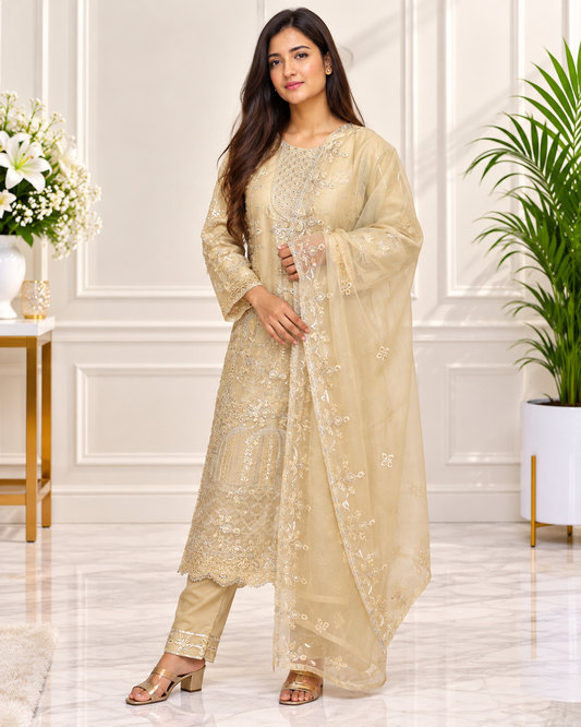 Zahra-E-Noor : Champagne Silver Sequin Embroidered Suit