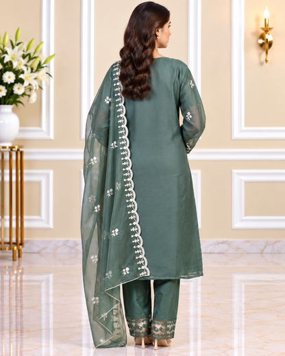 Zahra-E-Noor - Silver Embroidered Suit with Printed Dupatta