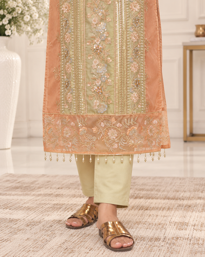 Zahra-E-Noor : Terracotta & Sage Colorblock Embroidered Suit