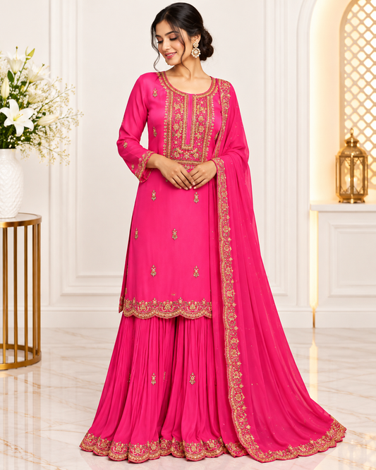 Noor-e-Mehfil - Fuchsia Pink Embroidered Sharara Suit