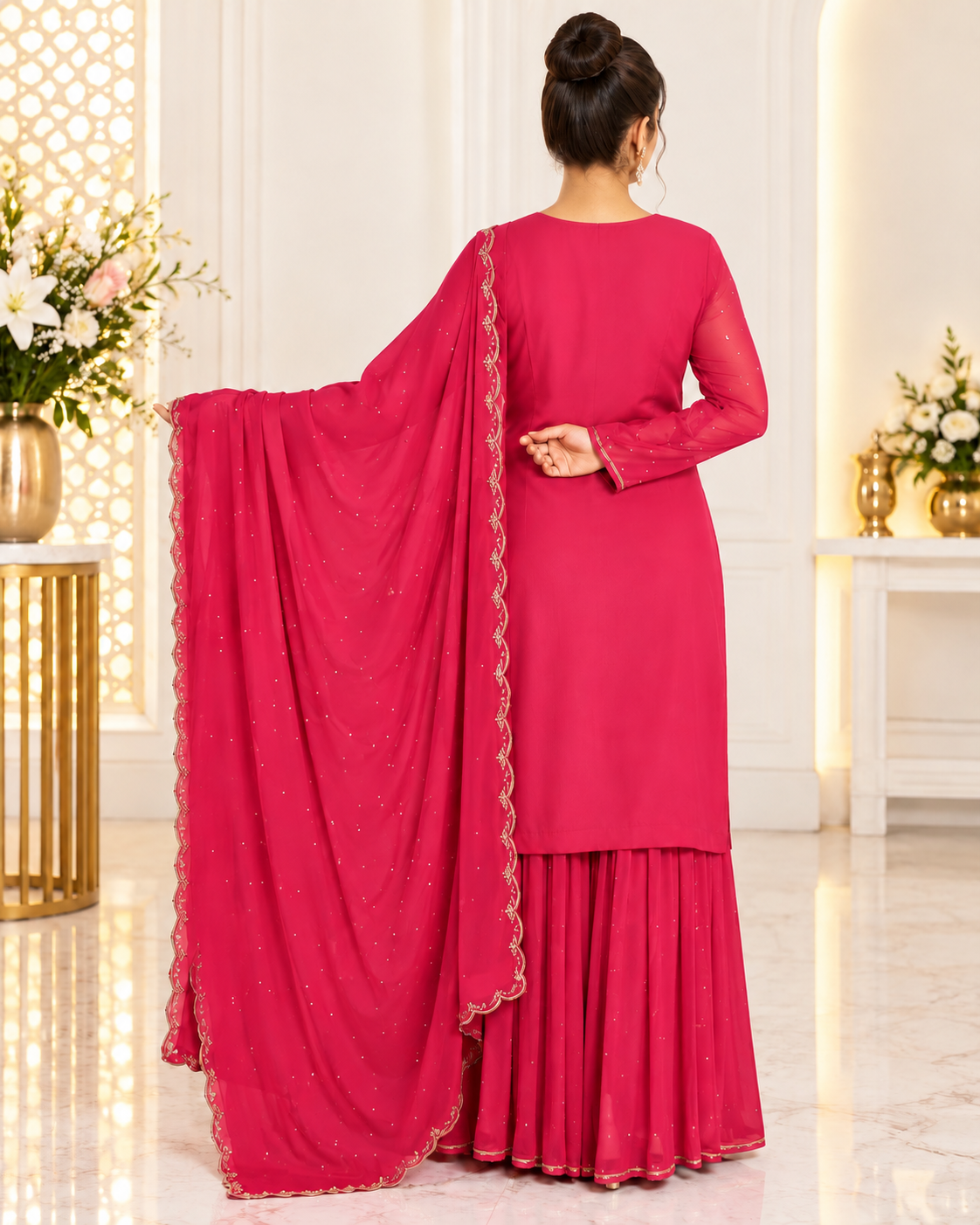 Noor-e-Mehfil - Gold - Pink Embroidered Kurta Sharara Suit