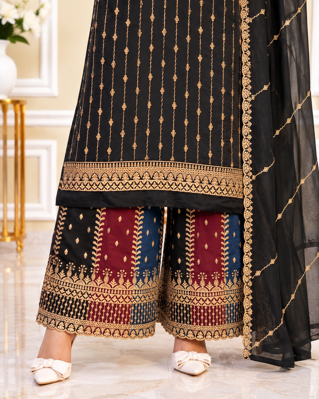 Noor-e-Mehfil -  Gold Striped Suit with Sharara