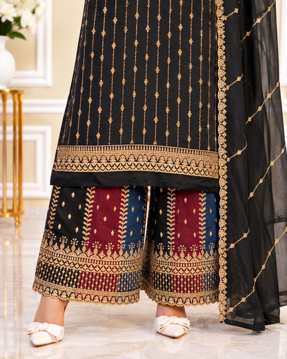 Noor-e-Mehfil -  Gold Striped Suit with Sharara