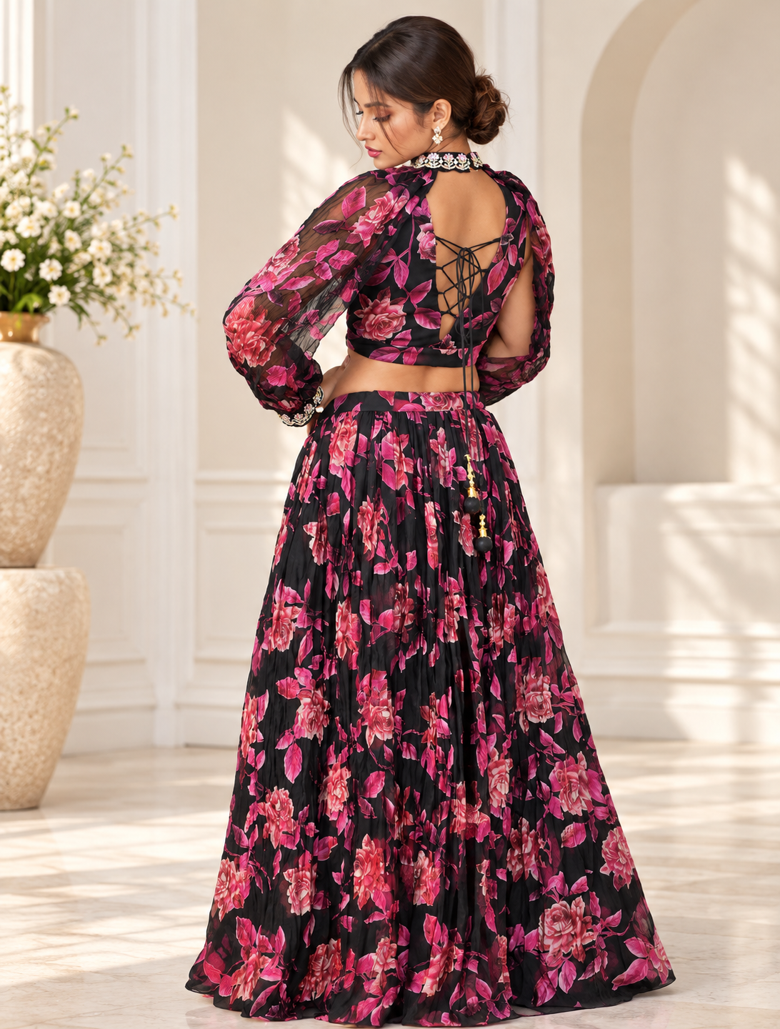 Raqs-e-Noor - Floral Printed Lehenga Set with Cape Sleeves