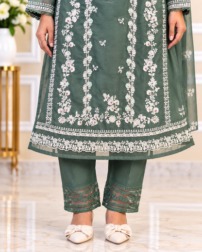 Zahra-E-Noor - Silver Embroidered Suit with Printed Dupatta