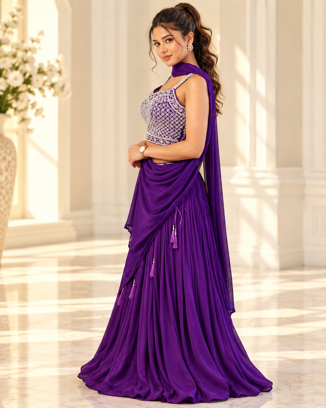Raqs-e-Noor - Purple Lehenga with Silver Embroidered Blouse