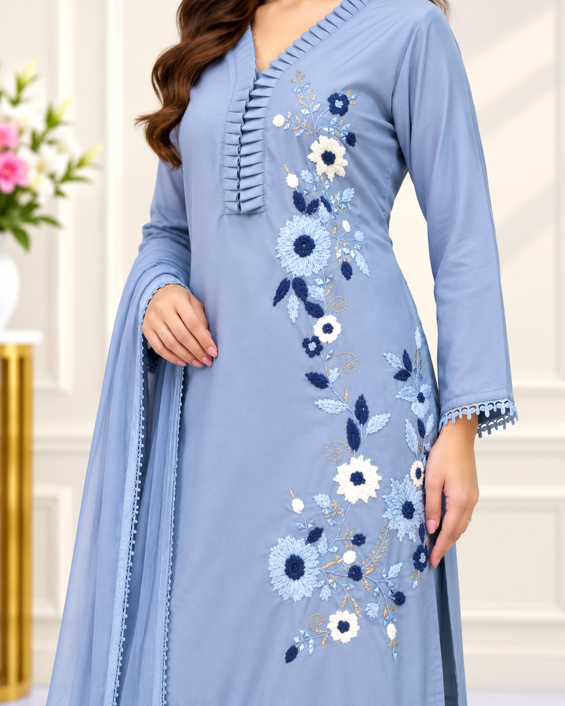 Zahra-E-Noor : Floral Embroidered Suit with Pintuck Detailing
