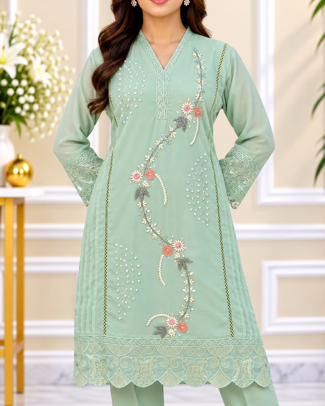 Zahra-E-Noor - Sage Green Suit with Floral Watercolor Dupatta
