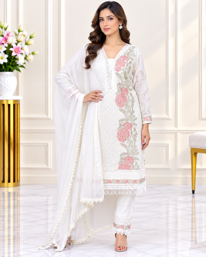 Zahra-E-Noor : Ivory Rose Embroidered Suit with Pearl Detailing