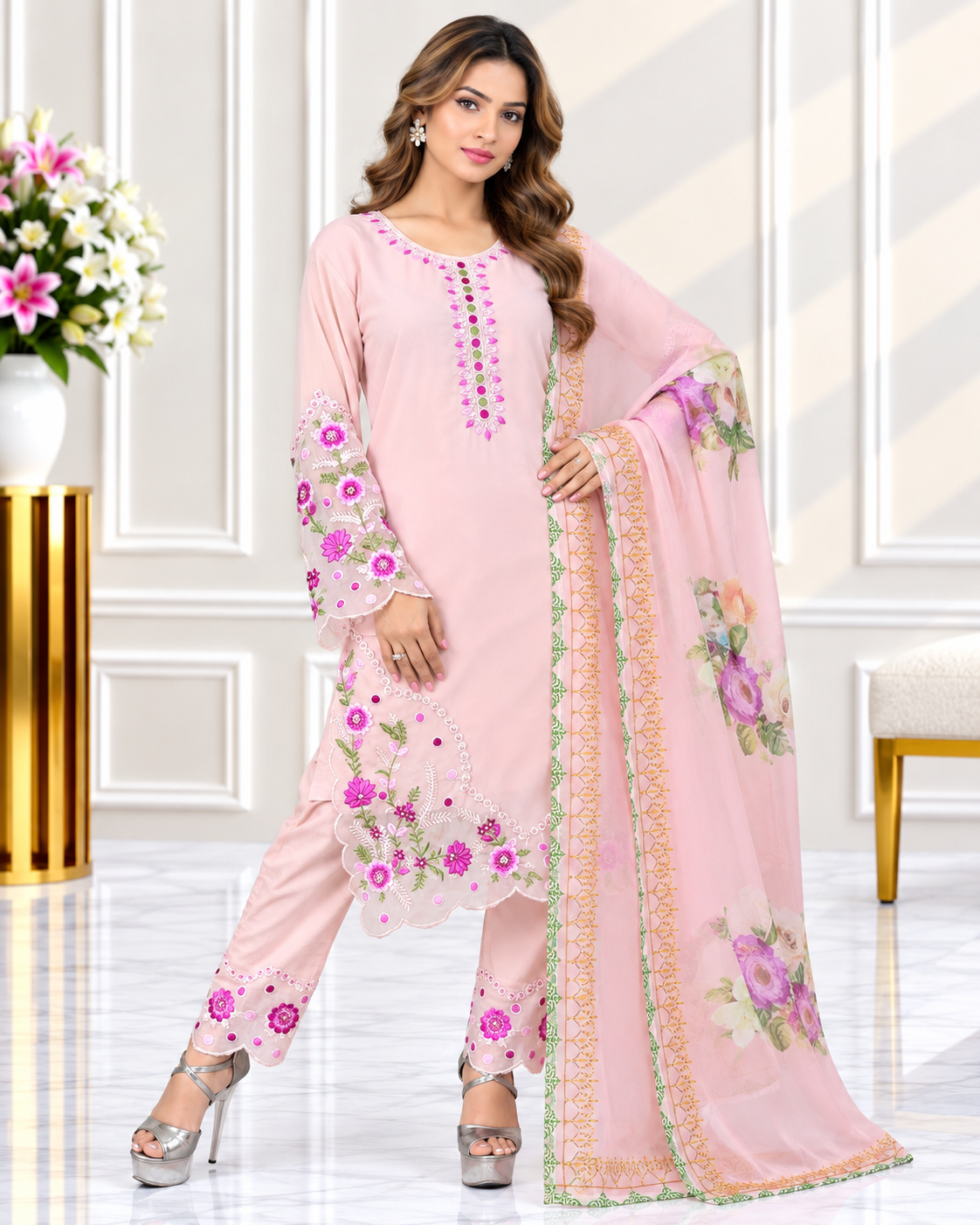 Zahra - e- Noor Embroidered Pakistani Kurta Set with Organza Dupatta