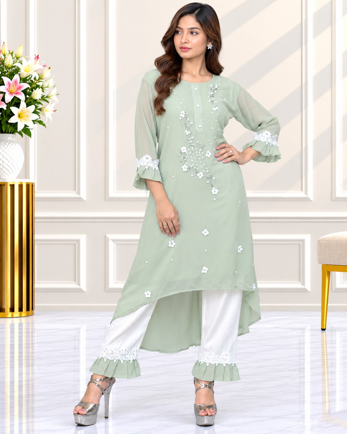 Zahra-E-Noor - 3D Floral Appliqué Asymmetric Pakistani Suit