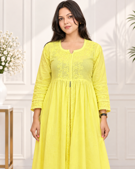 Noor-e-Lucknow - Lime Flowy Embroidered Chikankari Anarkali Set