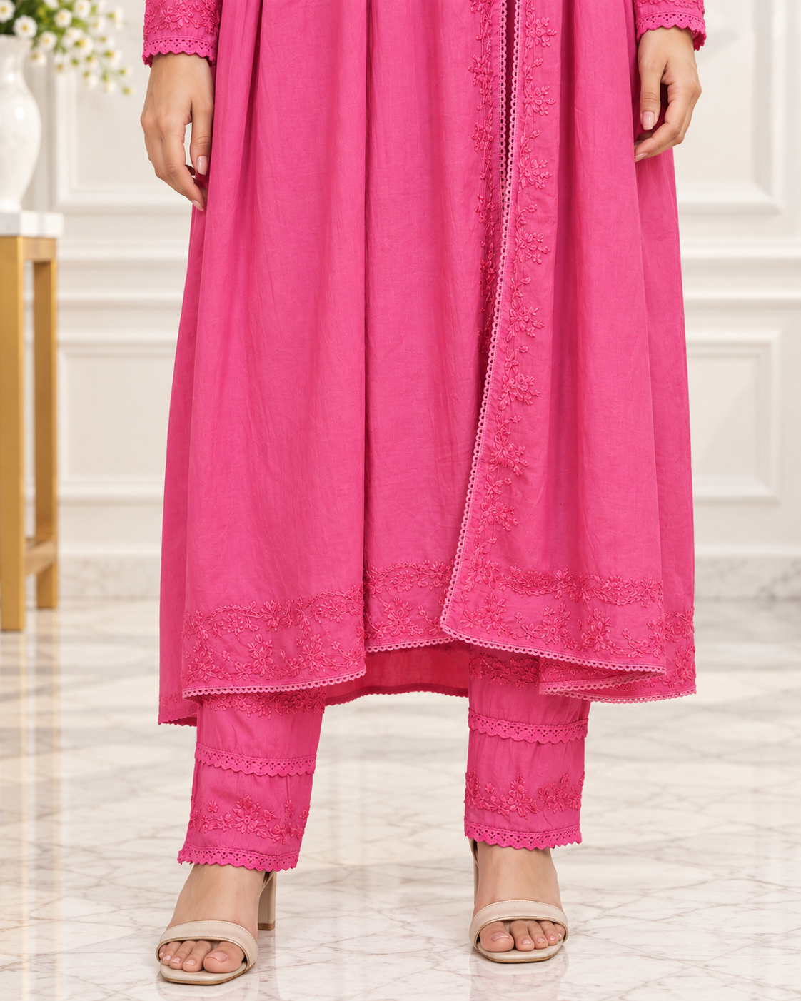 Noor-e-Lucknow - Lime Flowy Embroidered Chikankari Anarkali Set