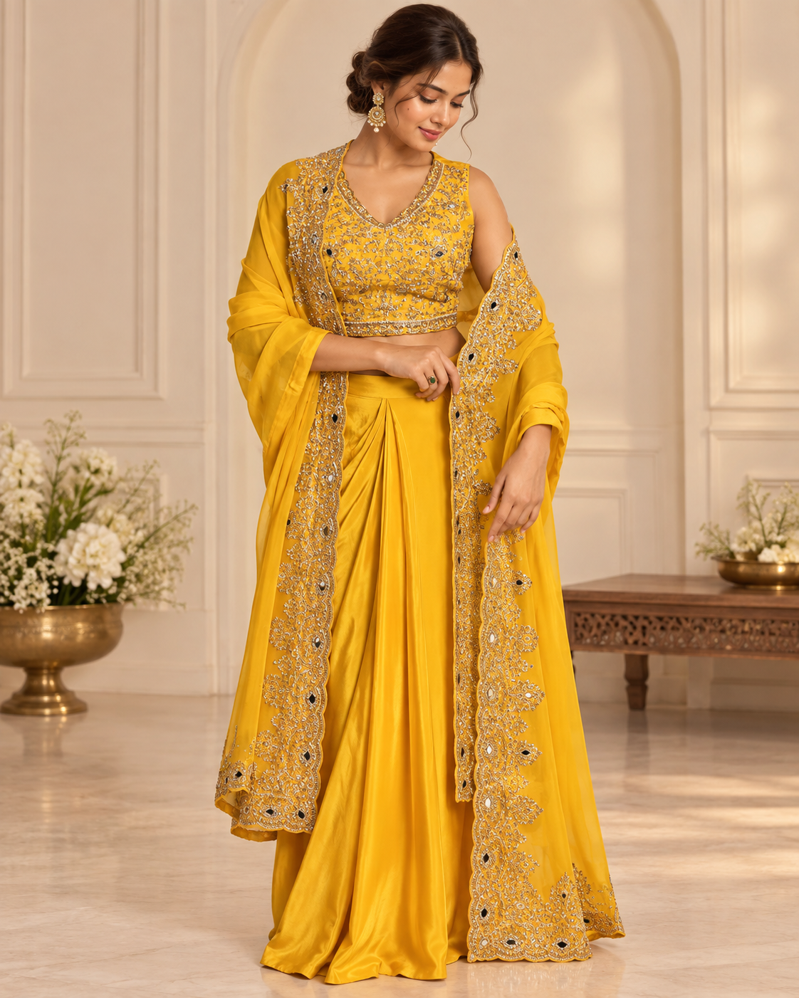 Meher-e-Noor - Yellow Crop Top with Draped Skirt