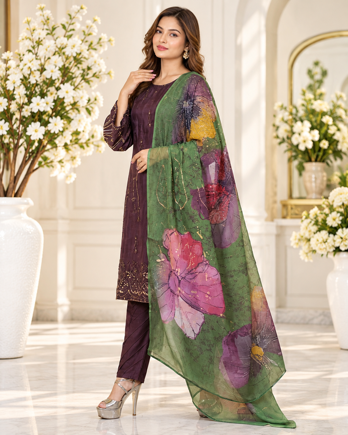 Zahra -e- Noor : Gold Embroidered Suit with Watercolor Dupatta