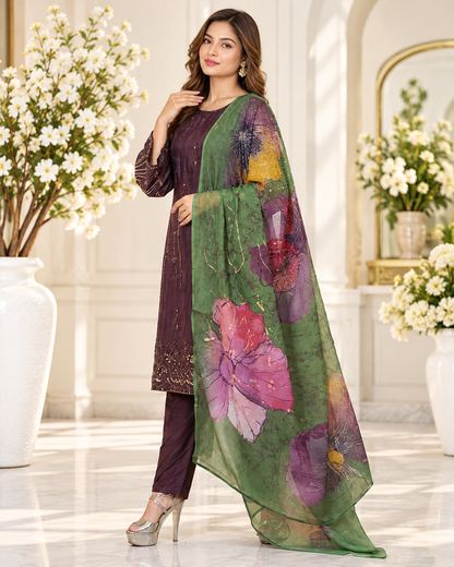 Zahra -e- Noor : Gold Embroidered Suit with Watercolor Dupatta