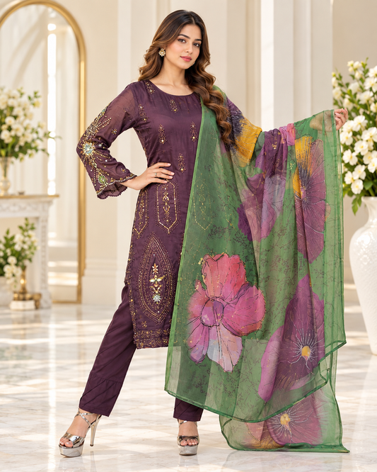 Zahra -e- Noor : Gold Embroidered Suit with Watercolor Dupatta
