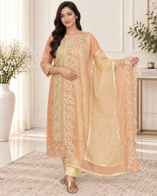 Zahra-E-Noor : Terracotta & Sage Colorblock Embroidered Suit