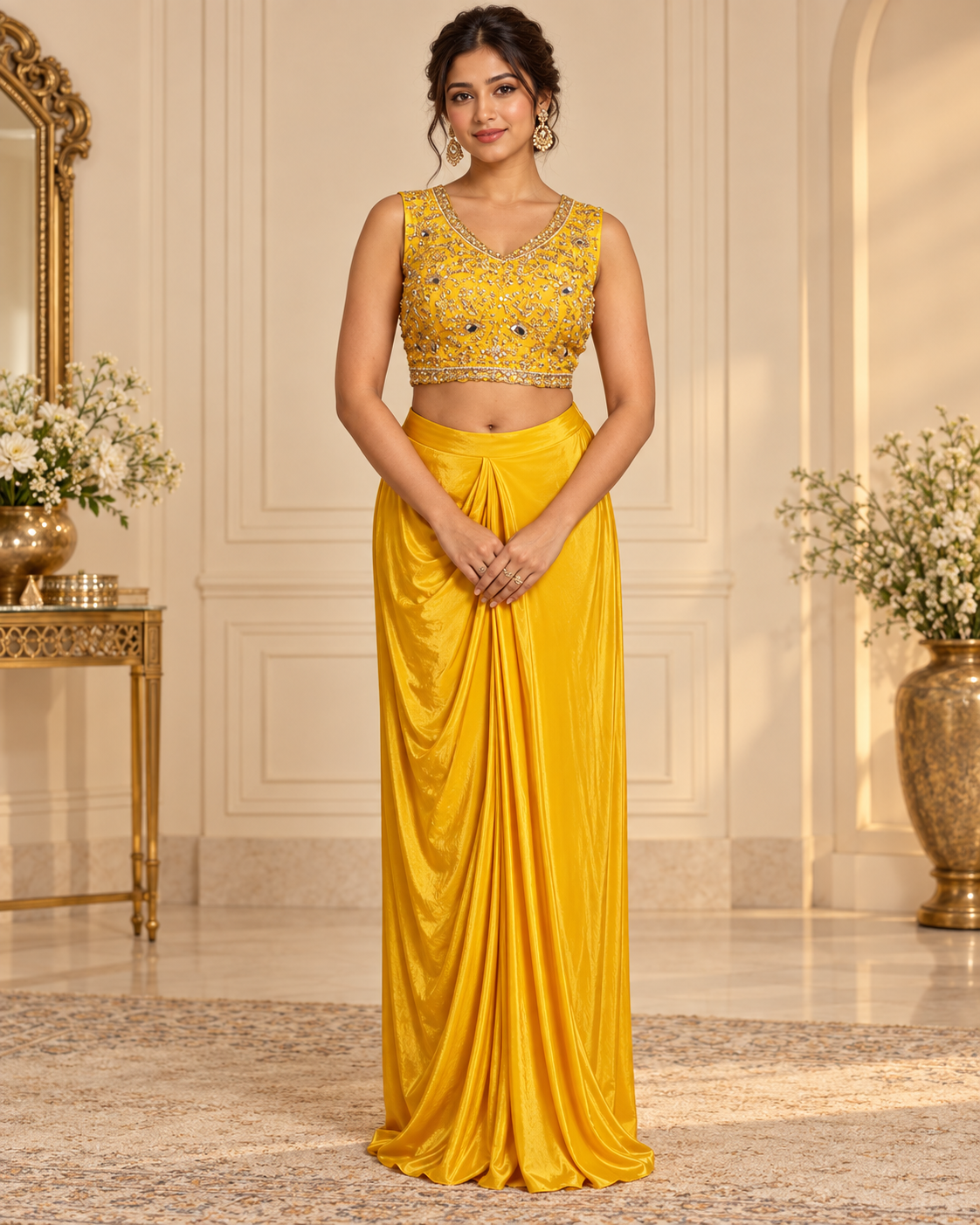 Meher-e-Noor - Yellow Crop Top with Draped Skirt