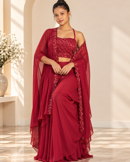 Meher-e-Noor - Embellished Three Piece Cape Plazzo Set
