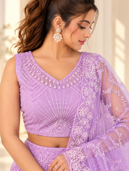 Raqs-e-Noor - Blush Lilac Embroidered Lehenga with Net Dupatta